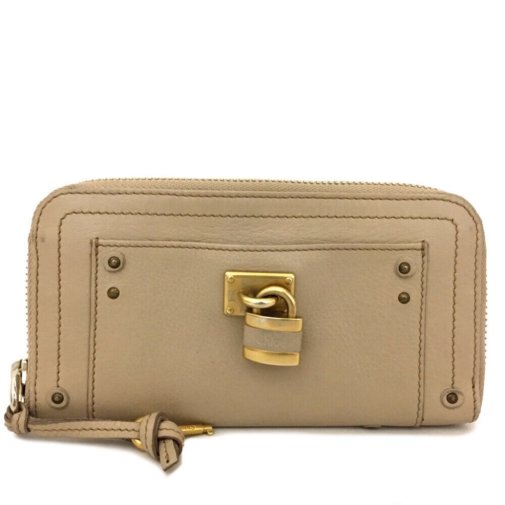 Auth. Chloe Wallet Long Wallet Paddington Beige Gold Hardware w.Lock Zip Around
